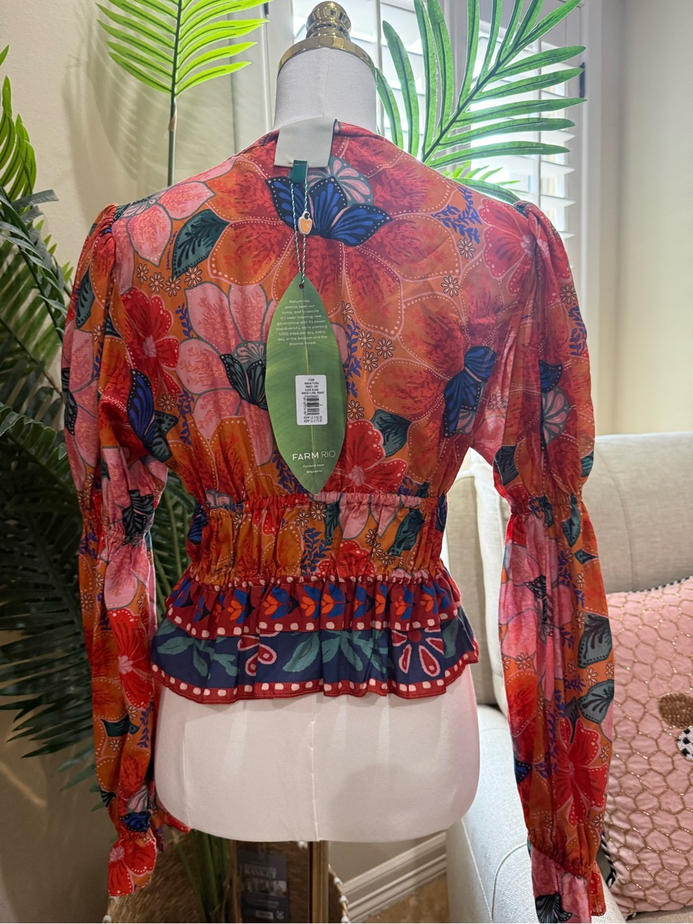 NWT Farm Rio Tropical Floral Sheer Ruffle Peplum Blouse Size Small - Picture 5 of 5